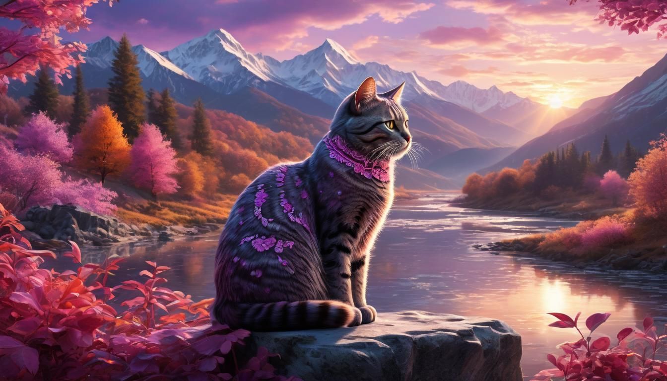 Paisley Cat Watching Pink and Purple Sunset