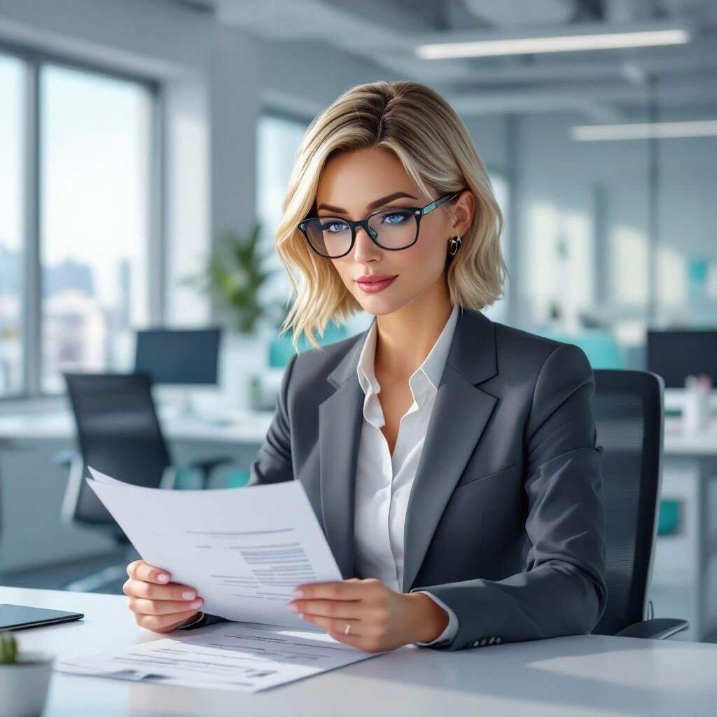 Professional Woman in Modern Office Inspired by Anime Art
