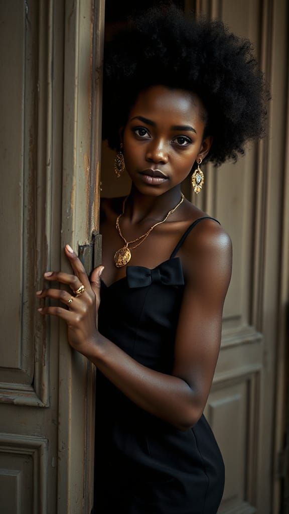 Elegant Woman Leans Against Old Door in Moody Portrait