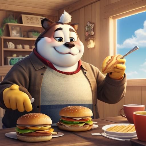 Fat Cat Eats Hamburger: 3D Digital Art