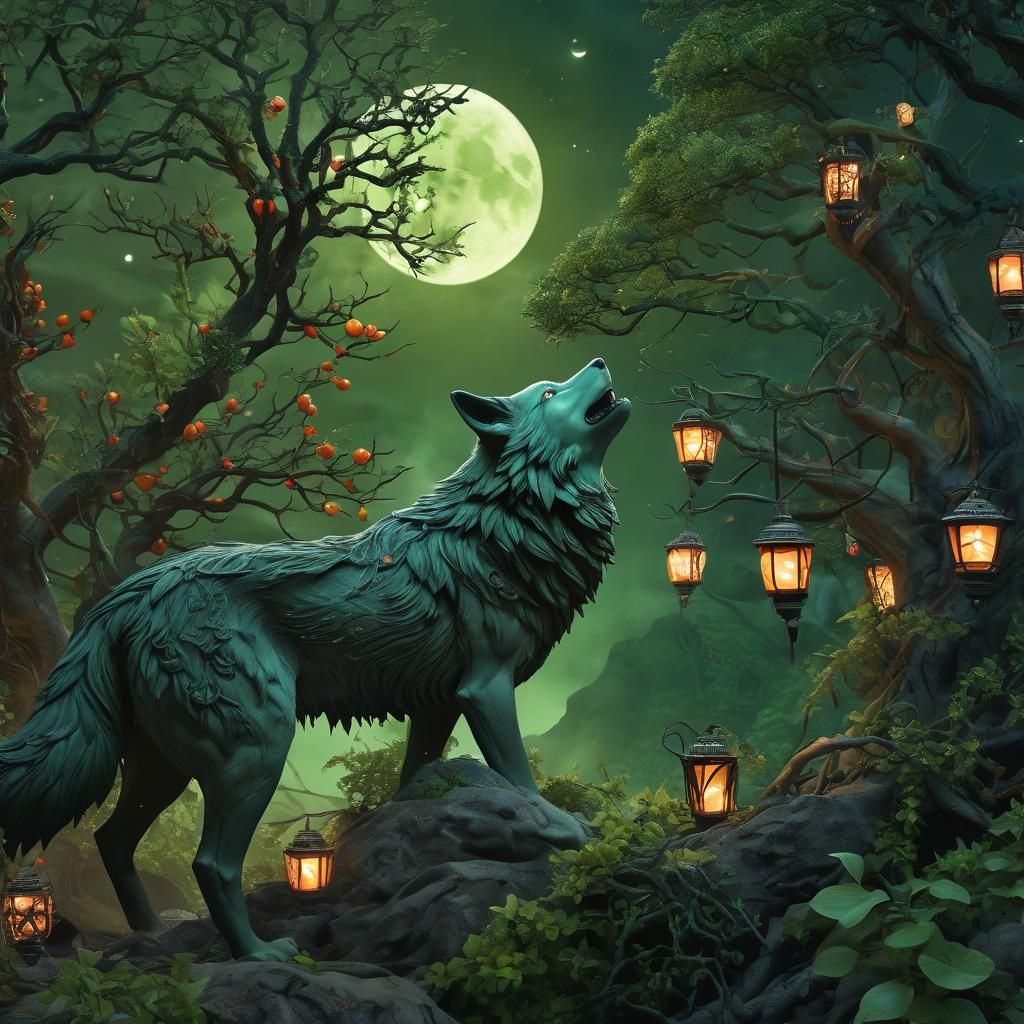 Vine Wolves Howling at Green Moon, Surreal 3D Art