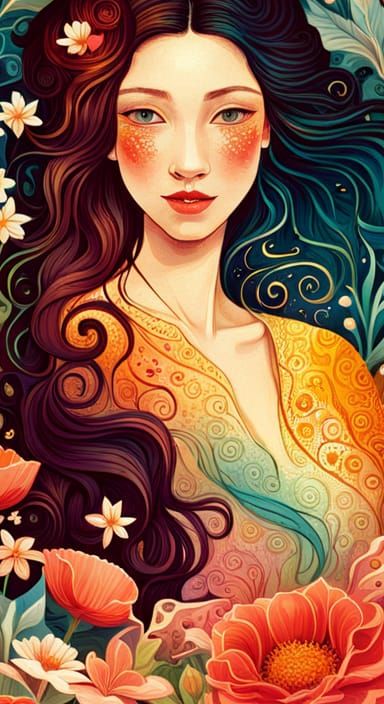 Whimsical Woman in Vibrant Floral Bed