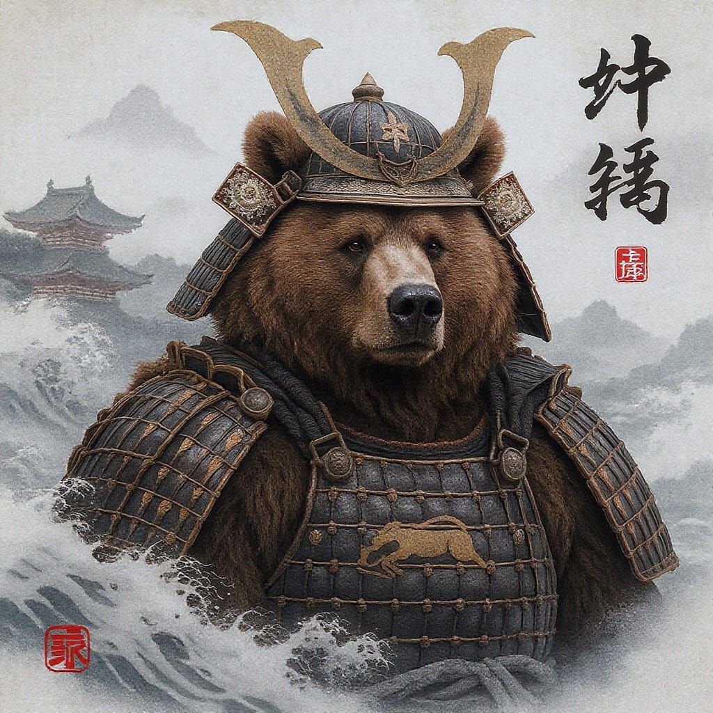 Samurai Brown Bear in Japanese Landscape Art