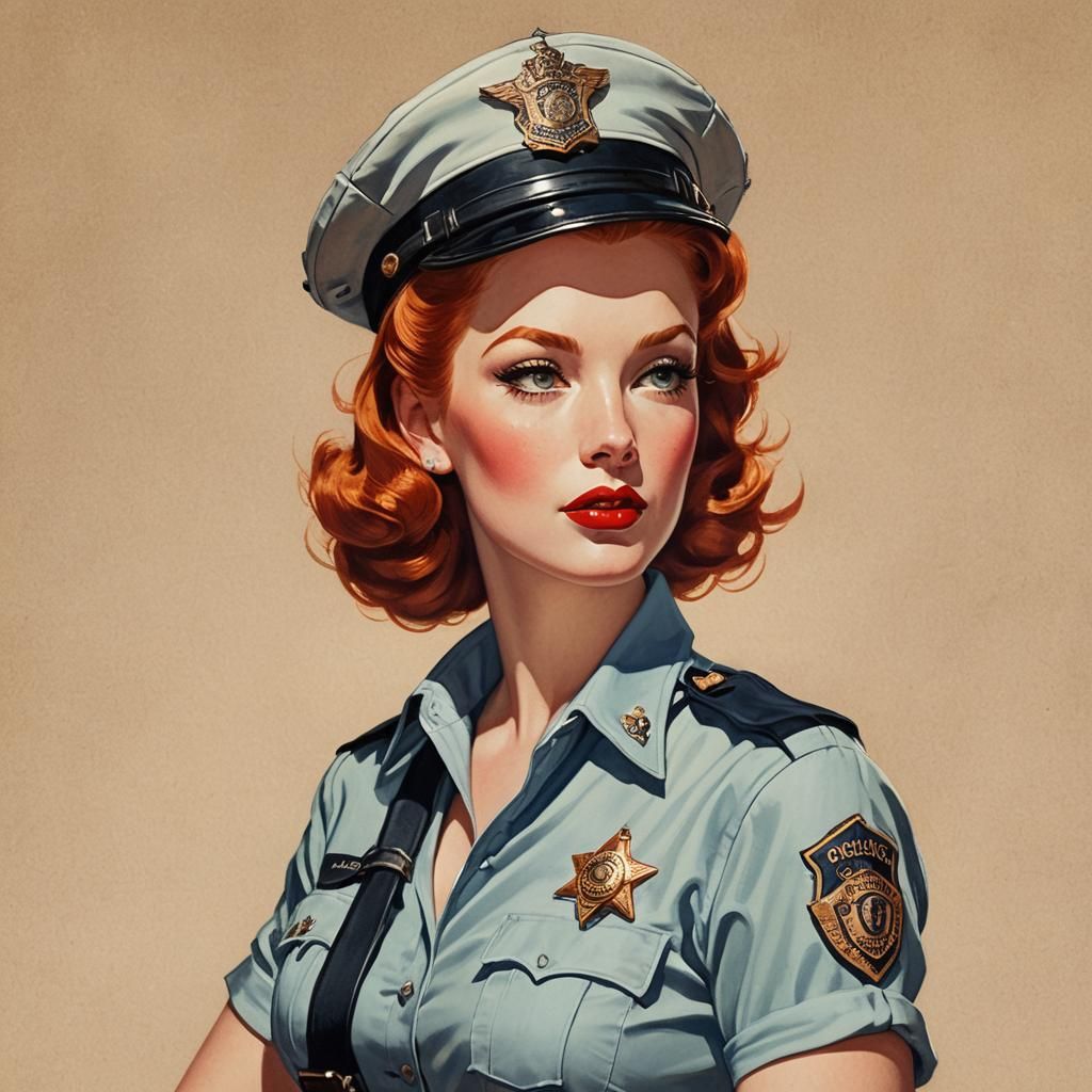 Retro Pinup of Redhead in 50s Police Uniform