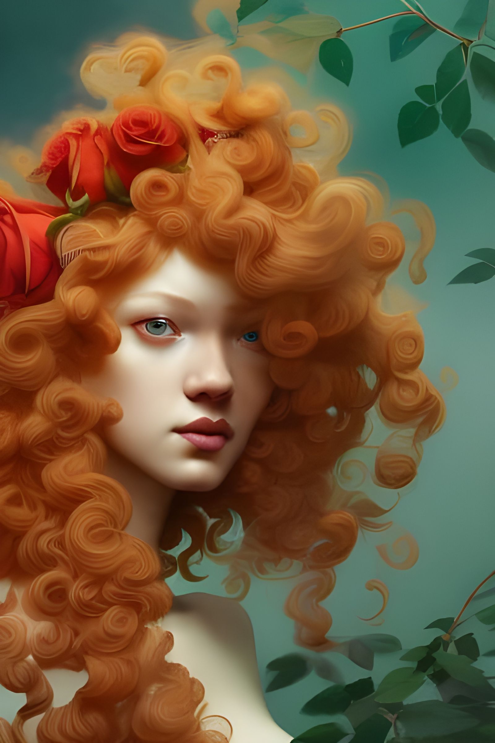 Albino Model with Red Roses in Art Nouveau Style