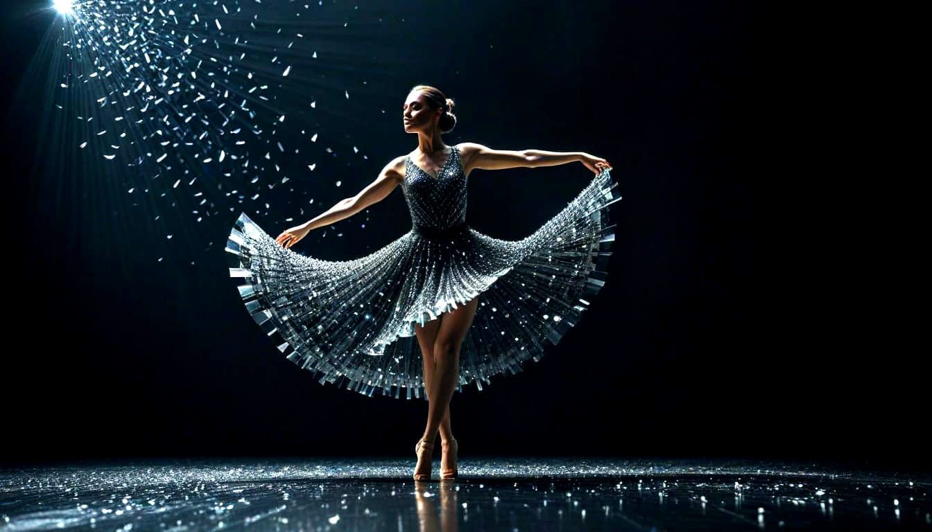 Dazzling Dancer in Glass Shard Dress on Dark Stage