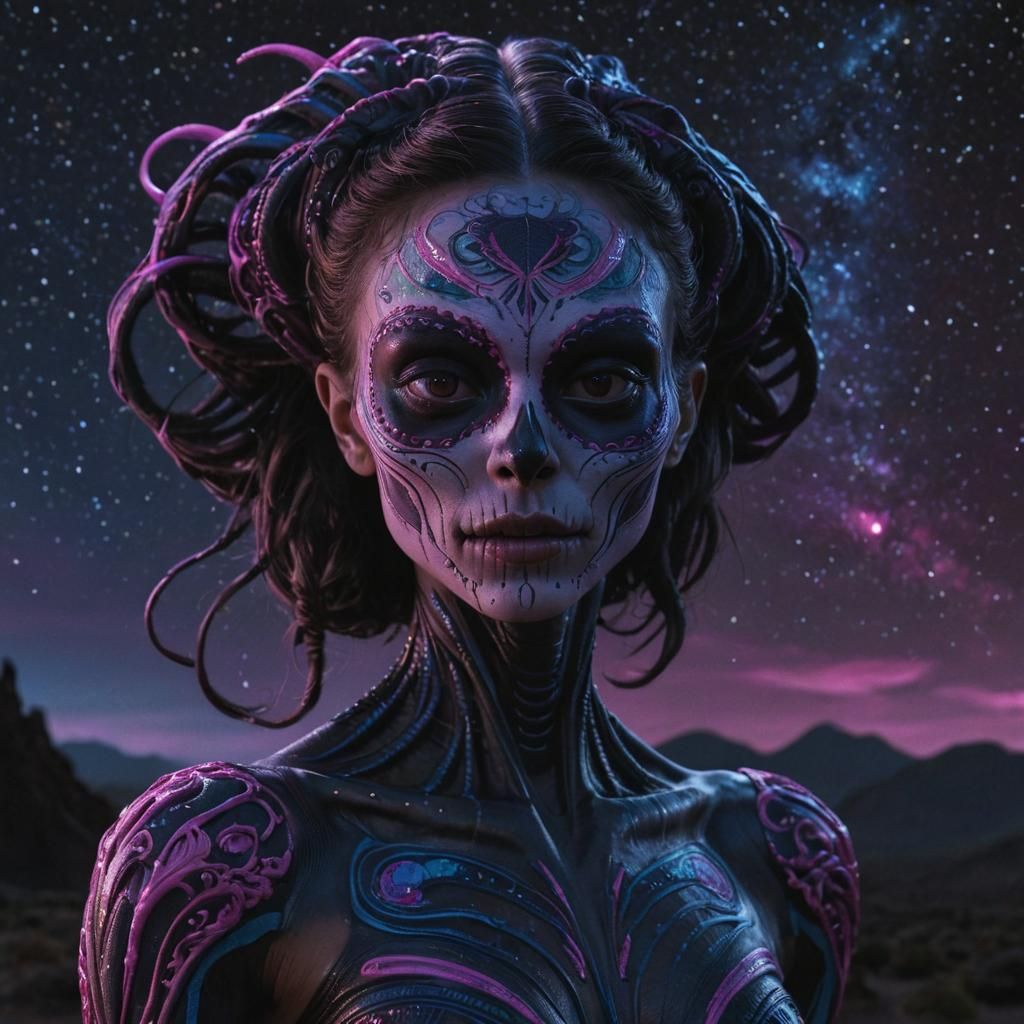 Alien Catrina Portrait in Neon Synthwave Style