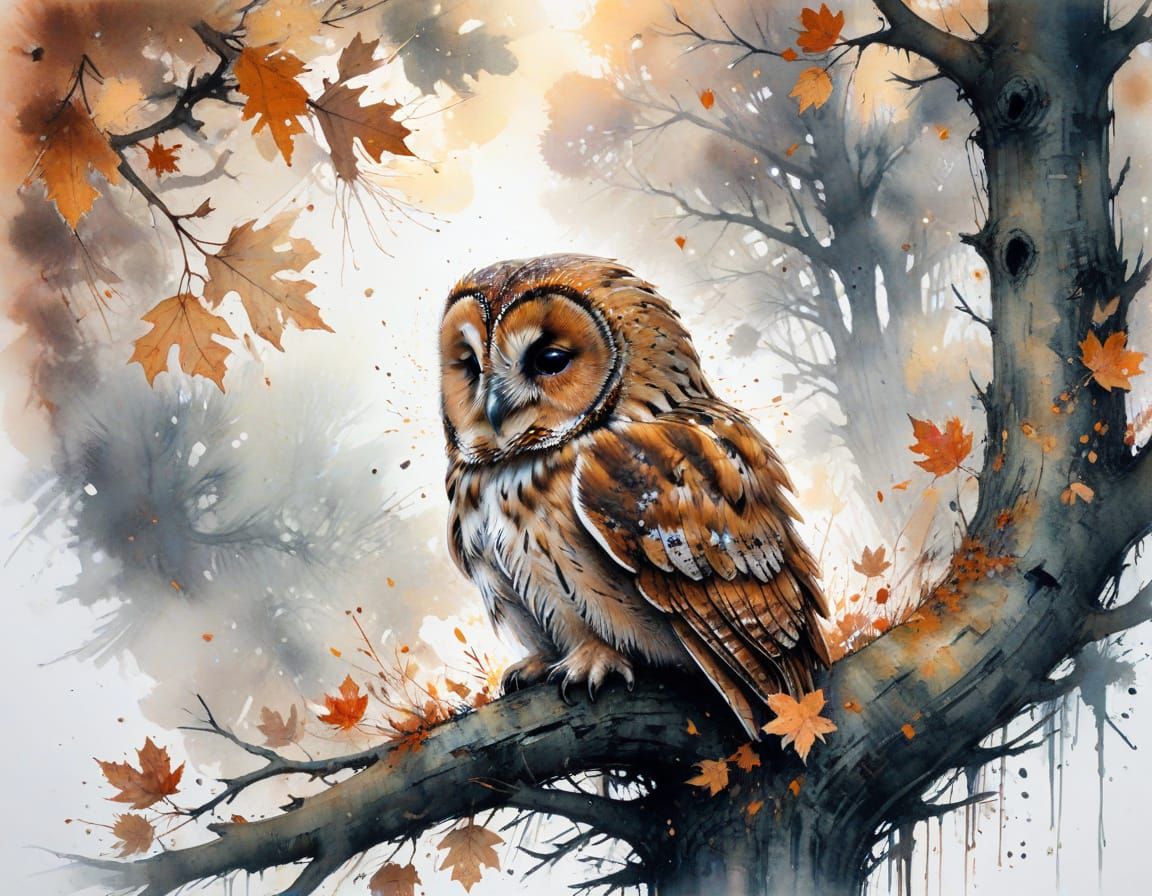 Tawny Owl Dozing in Autumnal Woodland, Watercolour Style