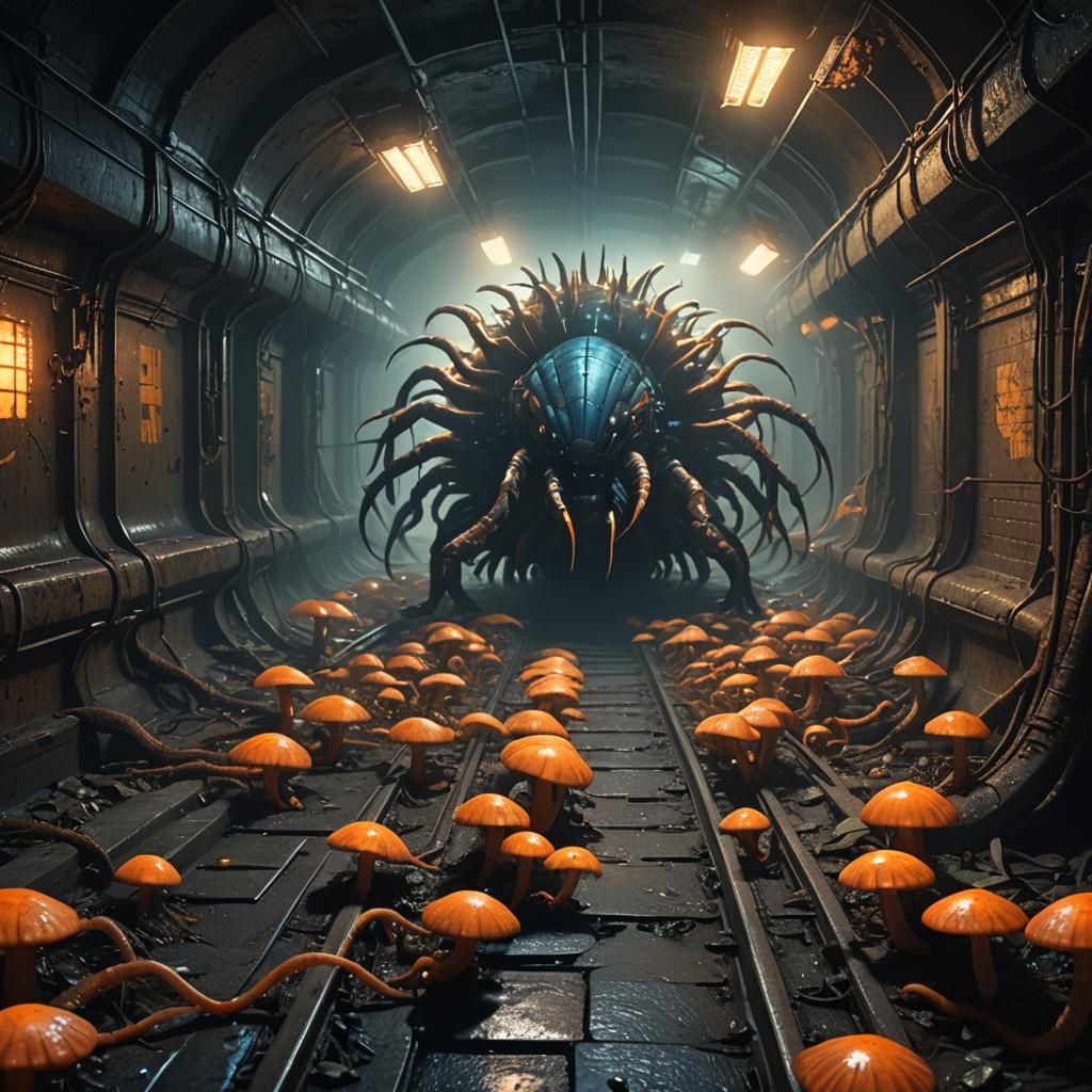 Giant Centipedes in Bioluminescent Subway Tunnel