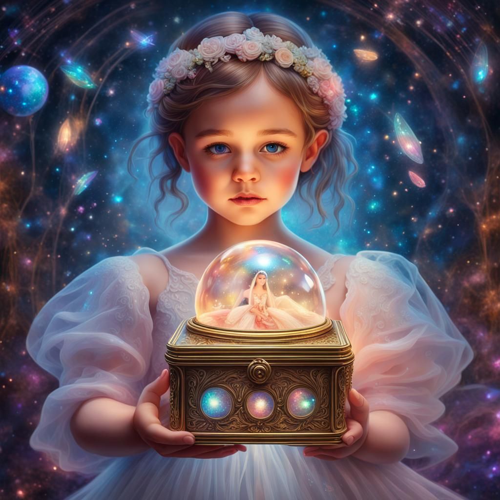 Enchanted Music Box: Hyperreal Cosmic Illustration