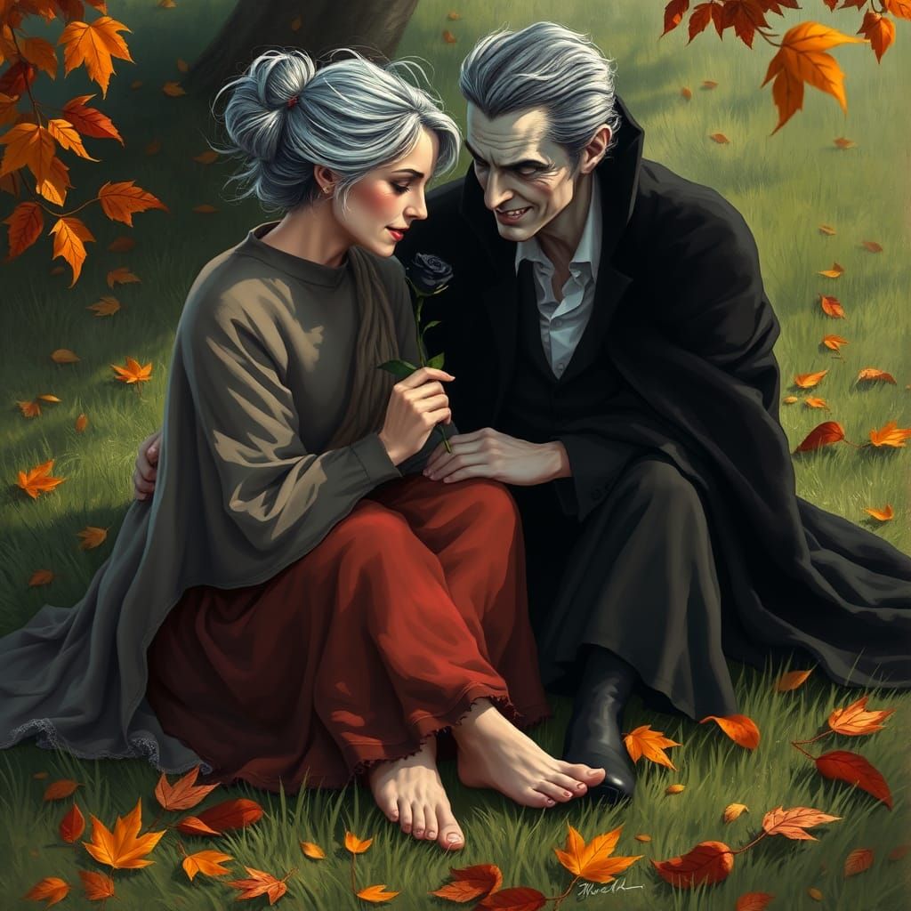 Dracula and Elderly Woman in Autumnal Scene