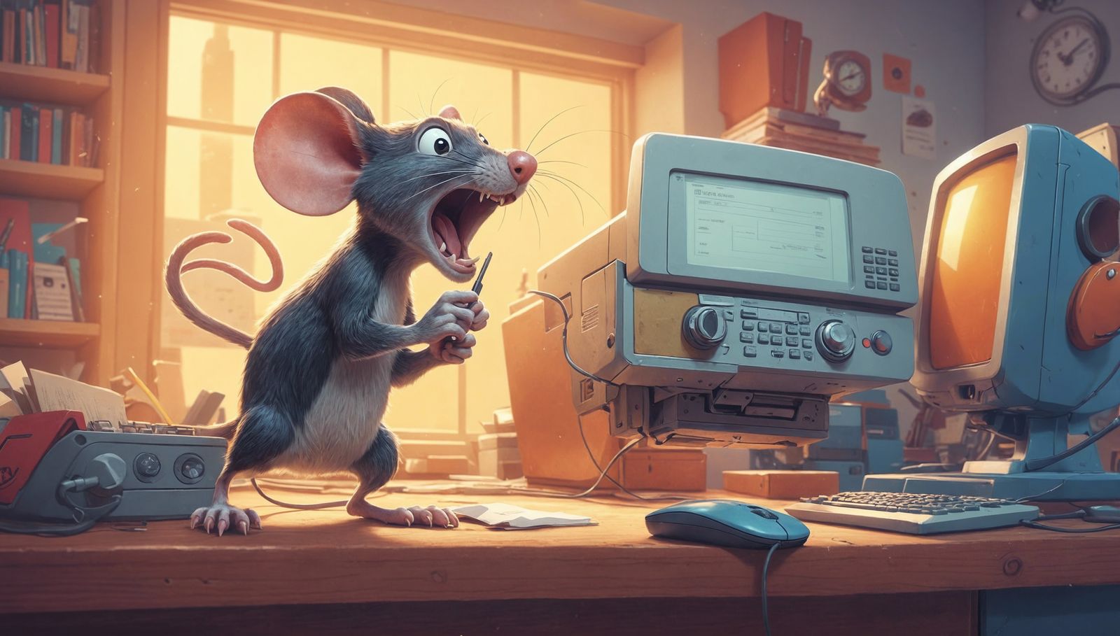 Angry Mouse Chasing Fax Machine Mouse: 3D Digital Art