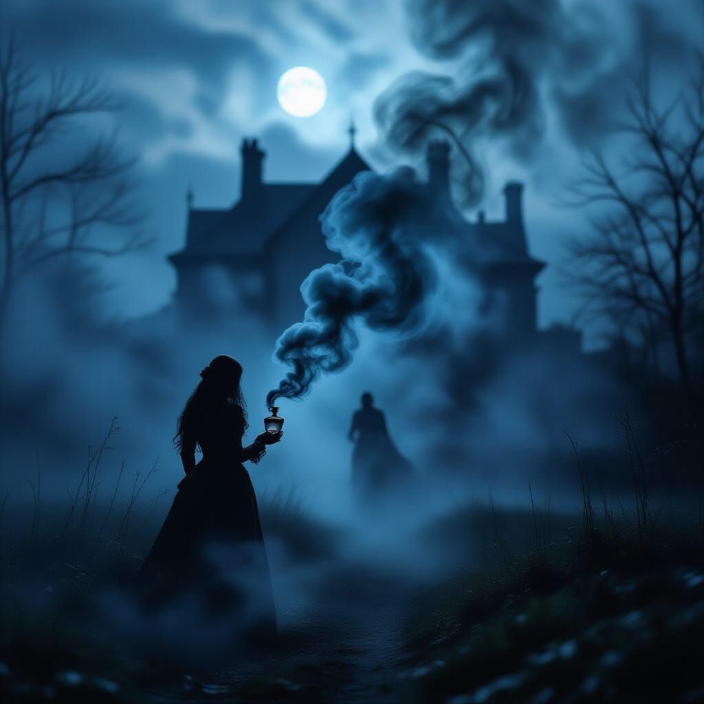Gothic Manor Silhouette in Smoke with Spectral Figure