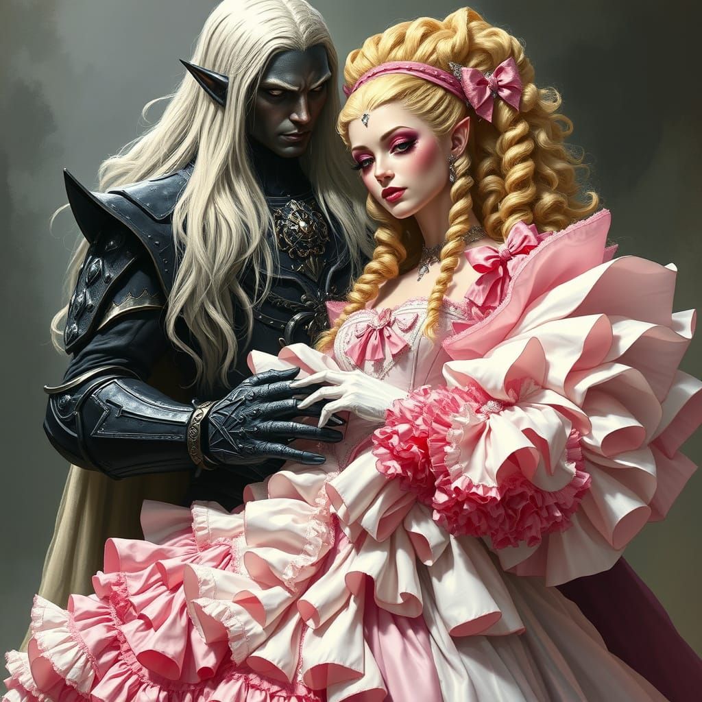 Dark Elf King in Regal Battle Armor Holds Frilly Bride