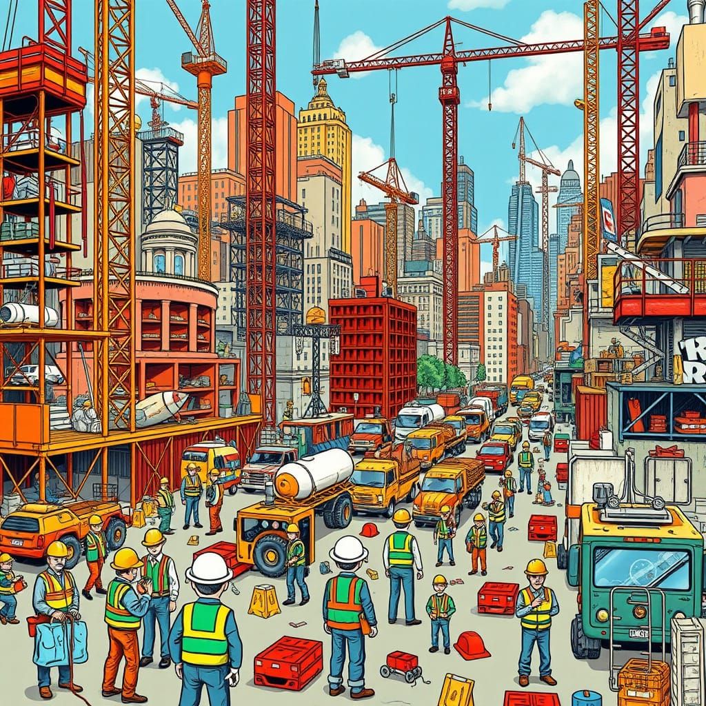 Vibrant Metropolis Under Construction: A Hand-Drawn Illustra...