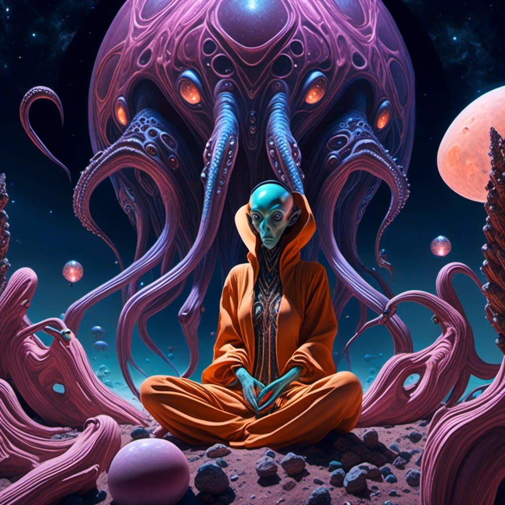 Exotic Alien Meditating on Distant Planet