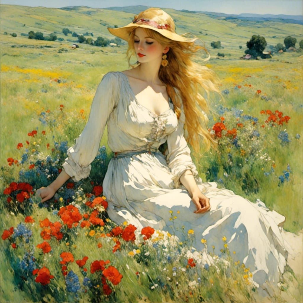 Impressionist Woman in Lush Floral Field