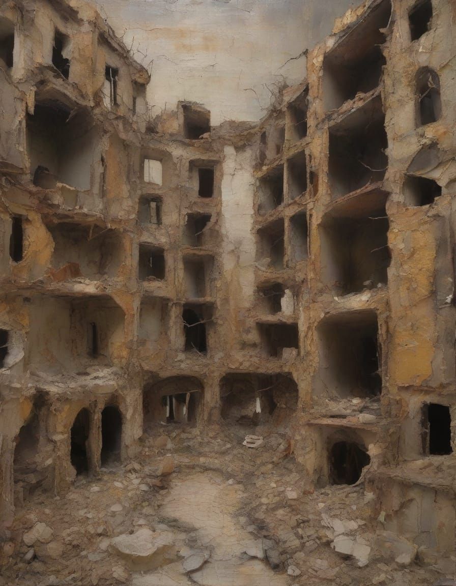 Textured Assemblage of Crumbling Architecture in Earth Tones