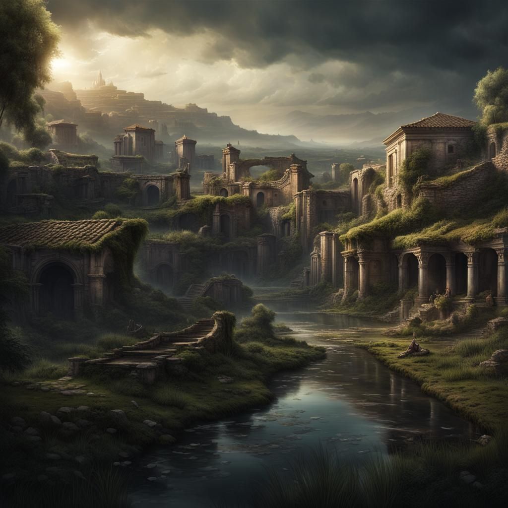 Dark Fantasy Roman Village Near Wetlands
