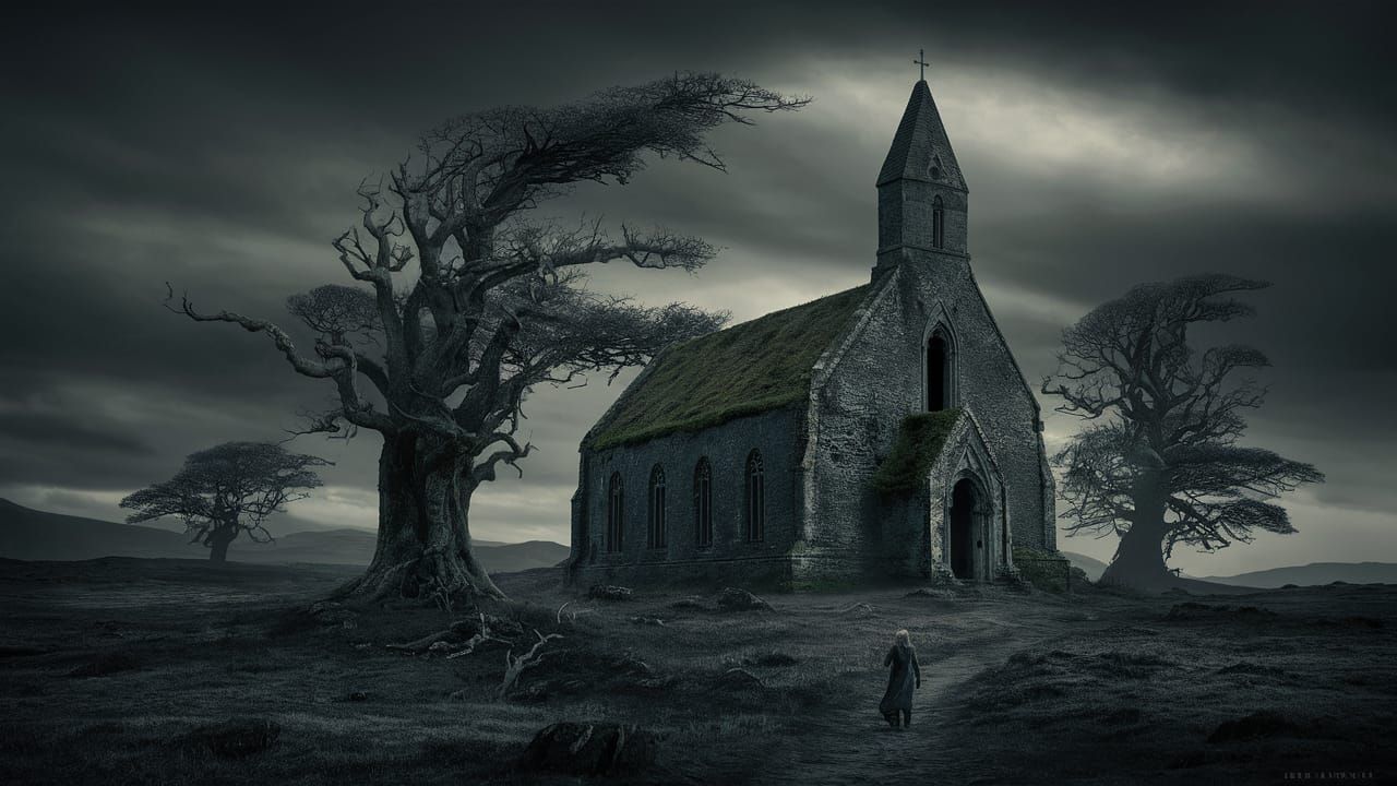Ancient Church on Desolate Moor in Dark Fantasy Style