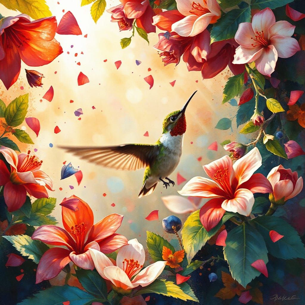 Hummingbird in Expressionist-Abstract Garden