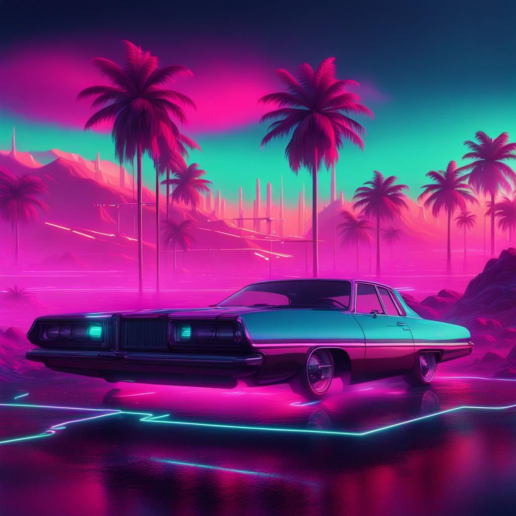 Vaporwave Scene with Neon, Glitch Effects and Retro Tech