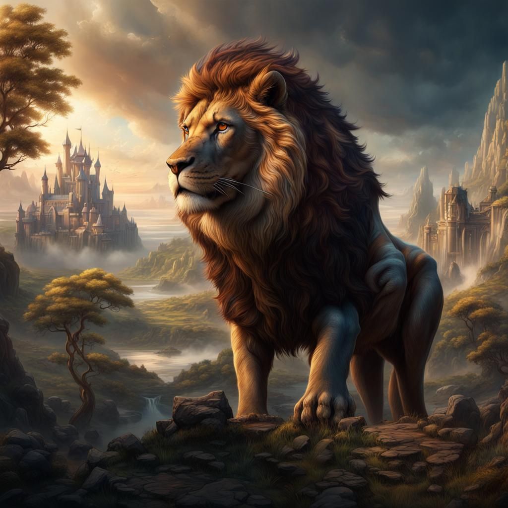Lion as King: Detailed Matte Painting in Fantasy Style