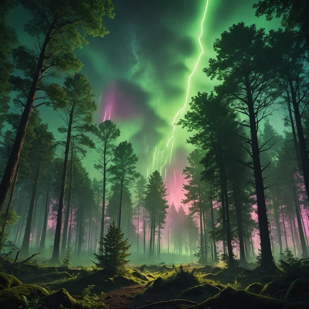 Ultra Green Rays Illuminate Forest in Digital Painting