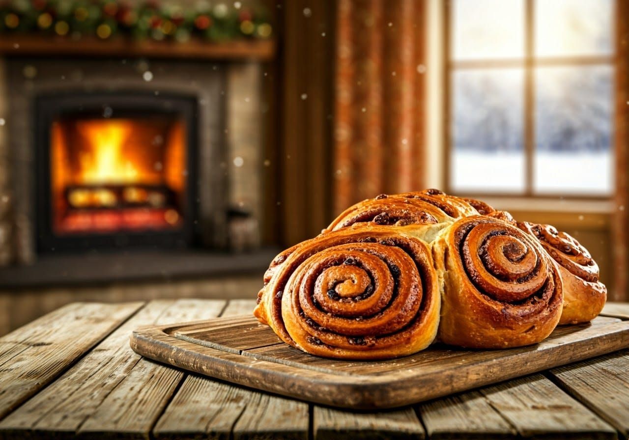 Cozy Cinnamon Raisin Bread Scene in a Snowy Kitchen with War...
