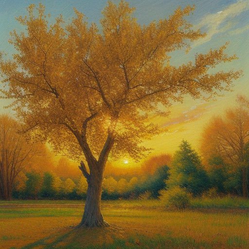 Warm Sunset Landscape with a Gnarled Peach Tree