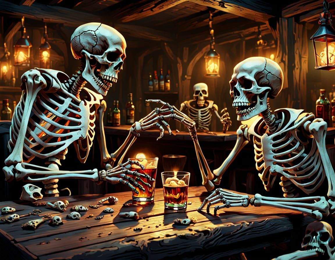 Intoxicated Skeletons Argue in Dimly Lit Tavern