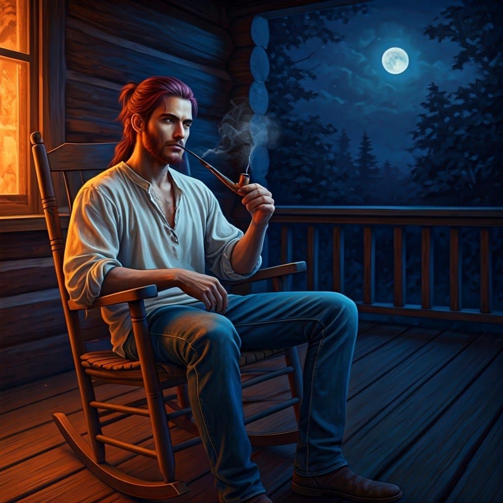 Mystical Man Smoking a Pipe on a Porch