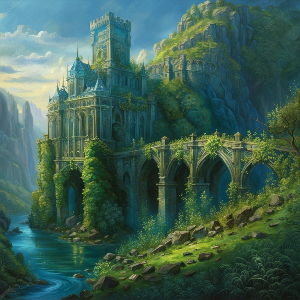 Blue Castle Ruins in Green Hills, Fantasy Art