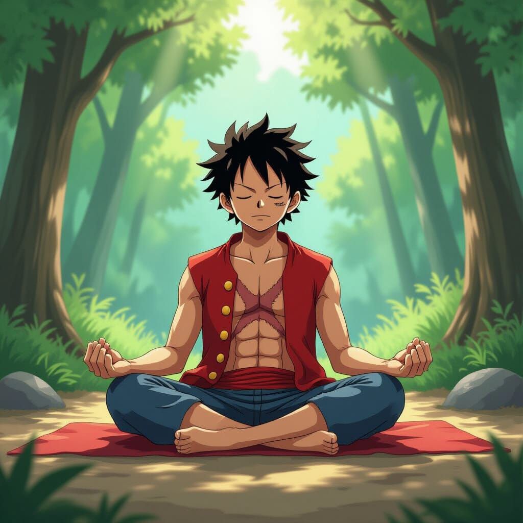 Luffy Meditating at Forest Altar in Summer Light