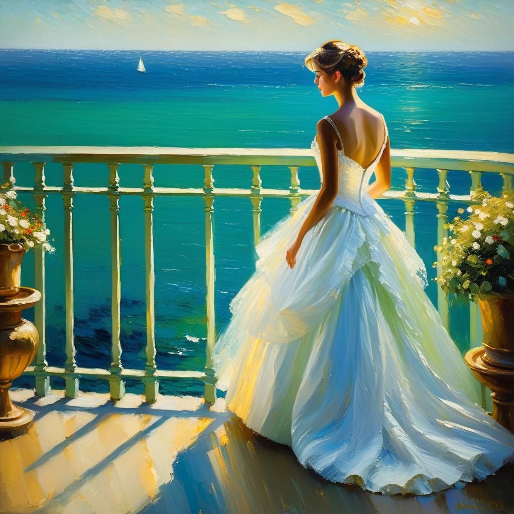 Woman in Ball Gown Overlooking Sea as Impasto Painting