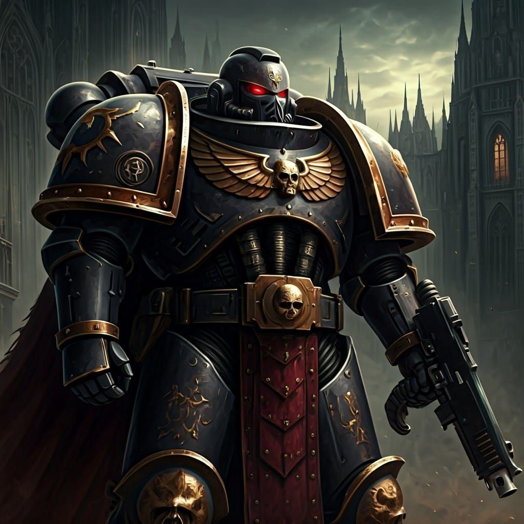 Warhammer 40k Space Marine in Gothic Cityscape