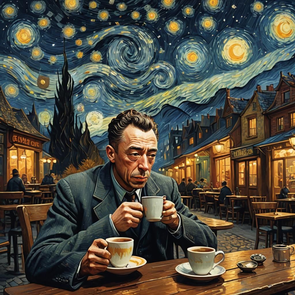 Albert Camus in Starry Night Cafe, Van Gogh Style
