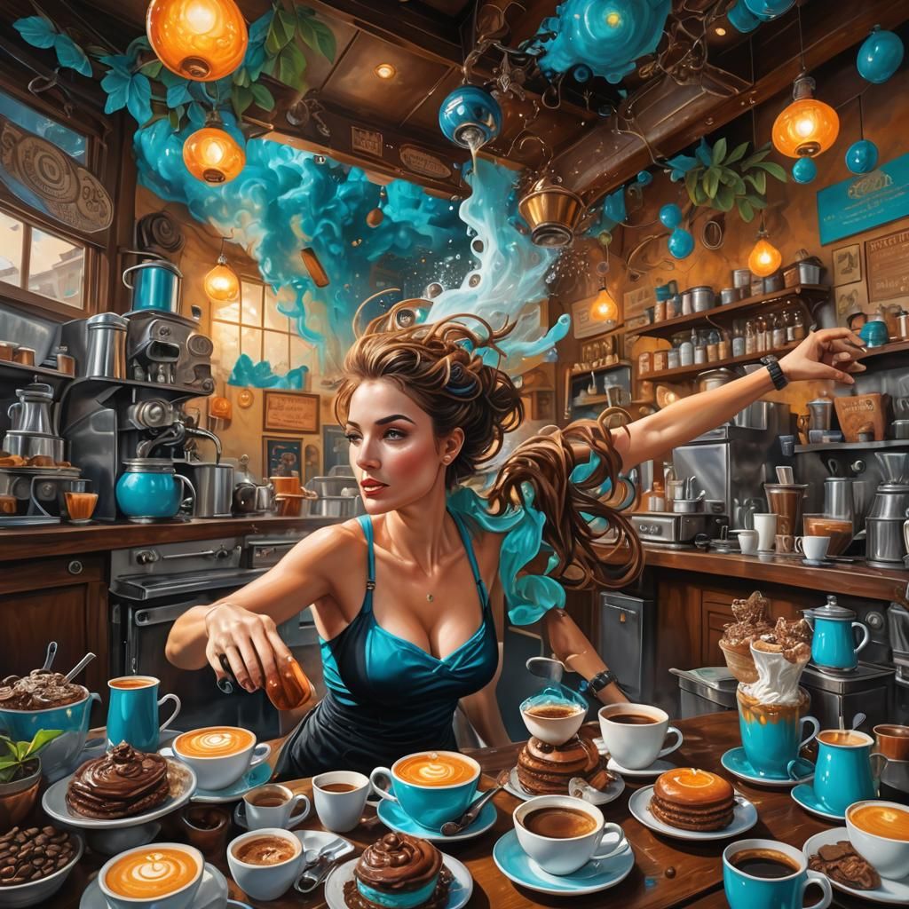 Barista's Wardrobe Mishap in Surreal Coffee Shop