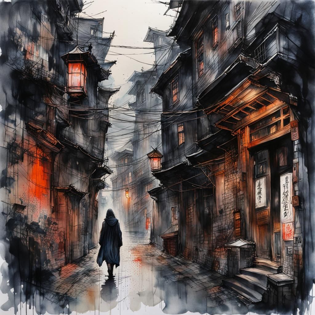 Ominous City Alleyway with Dark Figure, Ink and Watercolor