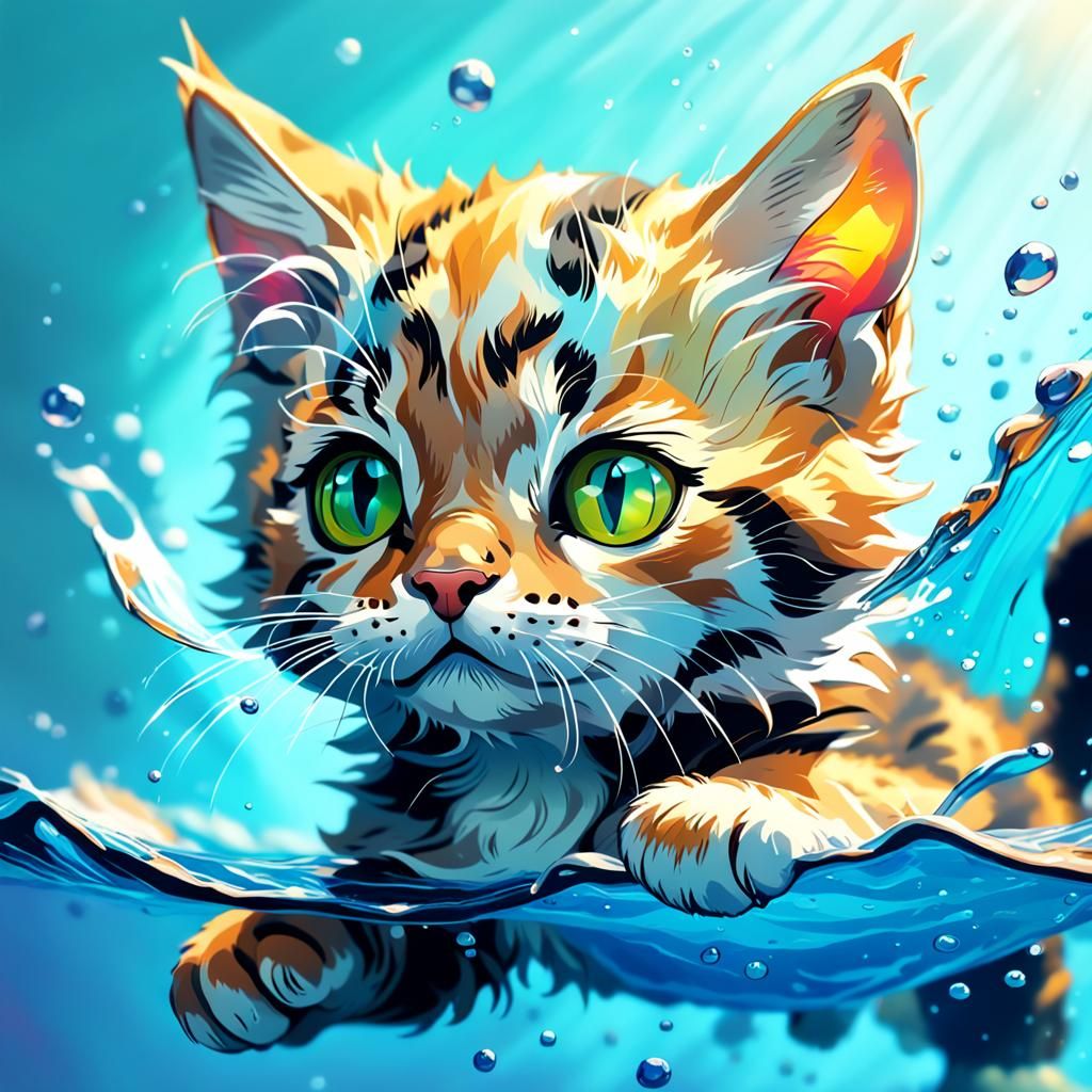 Hyperrealistic Kitten Swimming in Colorful Splash Art