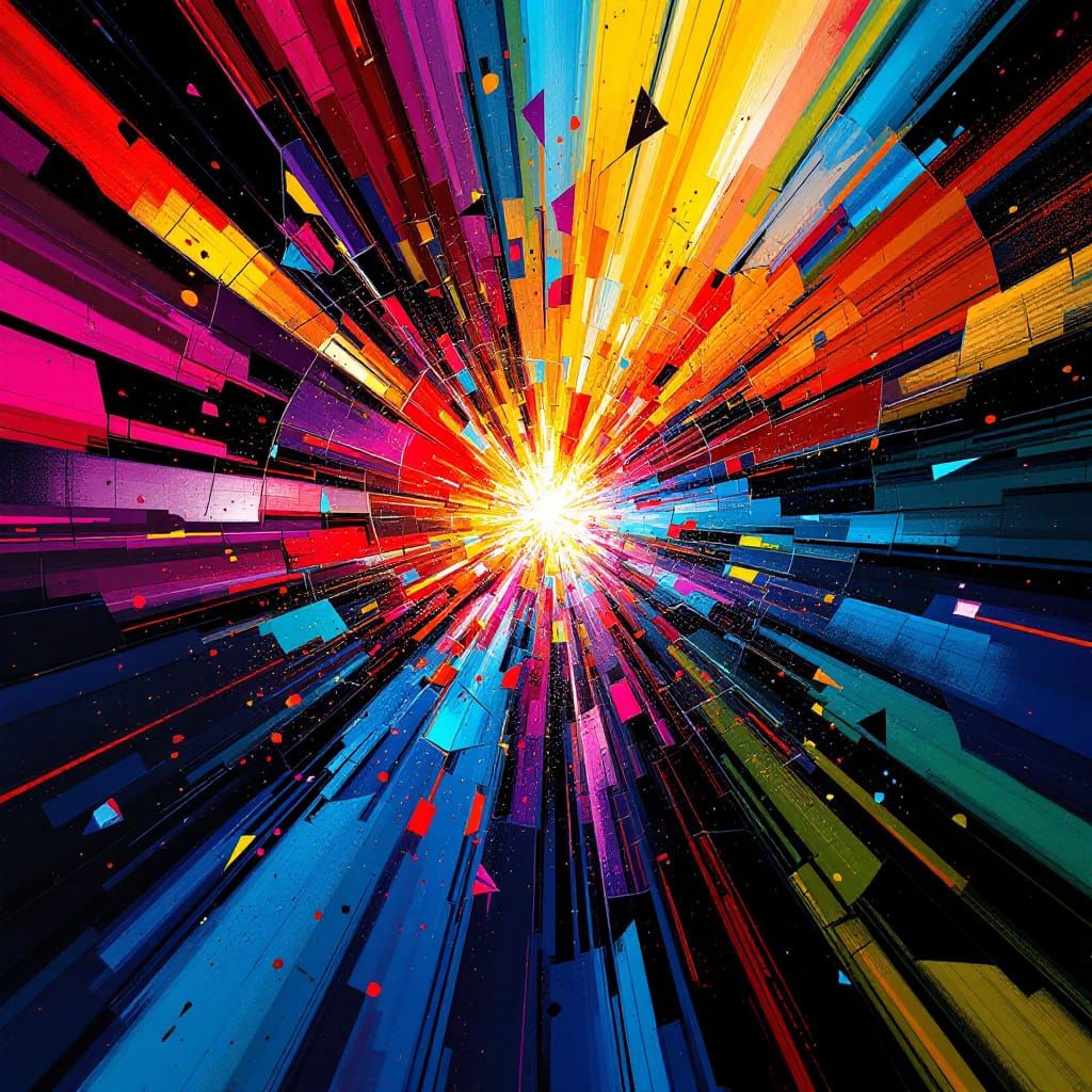 Abstract Explosion of Vibrant Colors as Shattered Stained Gl...