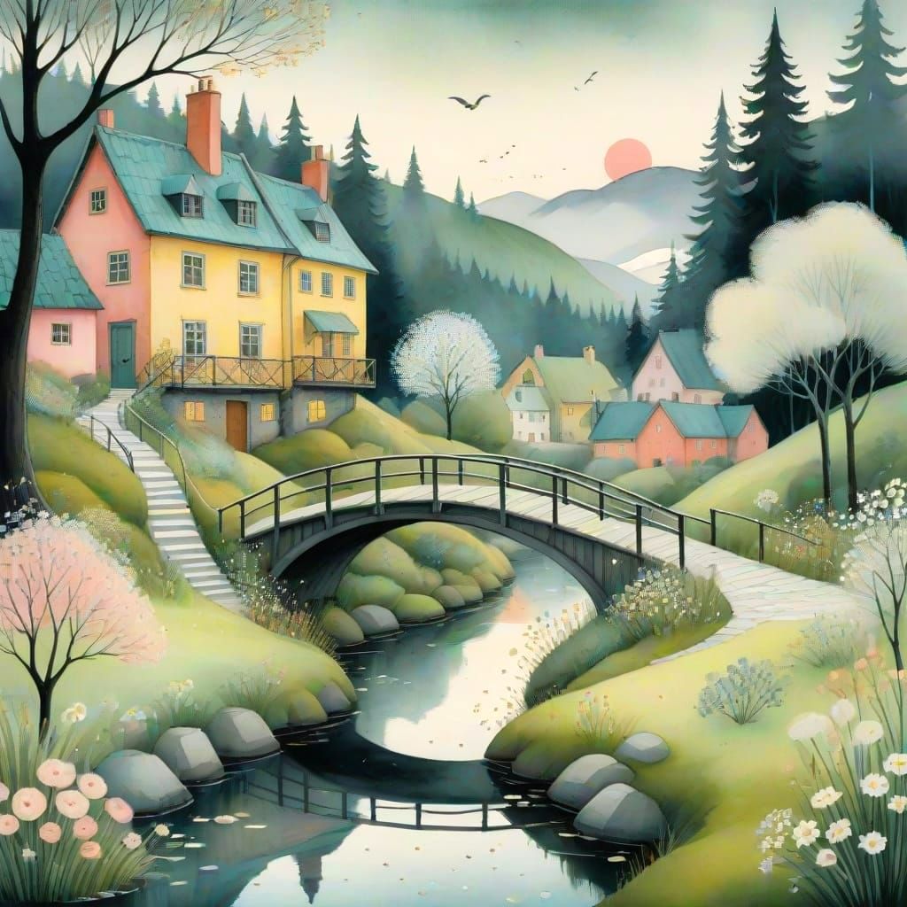 Spring Landscape with Bridge over a Meandering Stream to the...