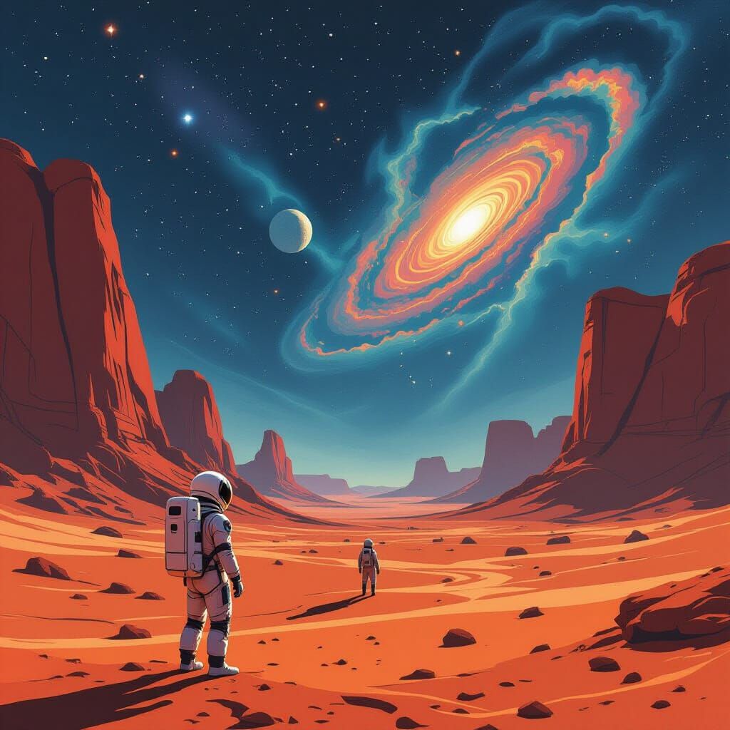 Astronaut Gazes at Alien Desert Nebulae in Minimalist Line A...