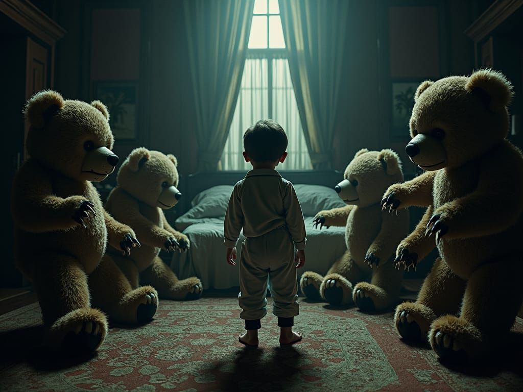 Menacing Teddy Bears in Ornate Victorian Bedroom