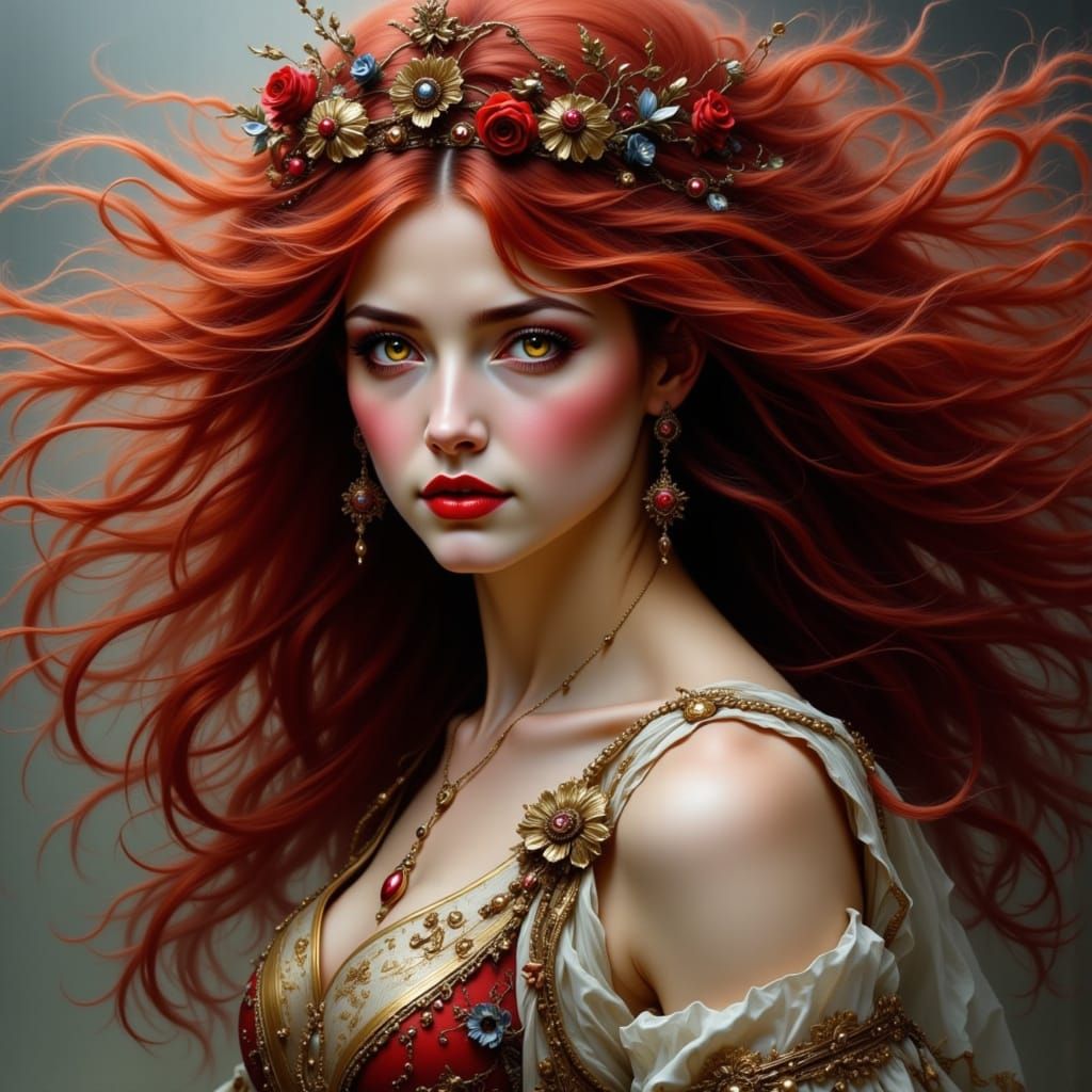 Woman with Wild Dark Red Windblown Hair