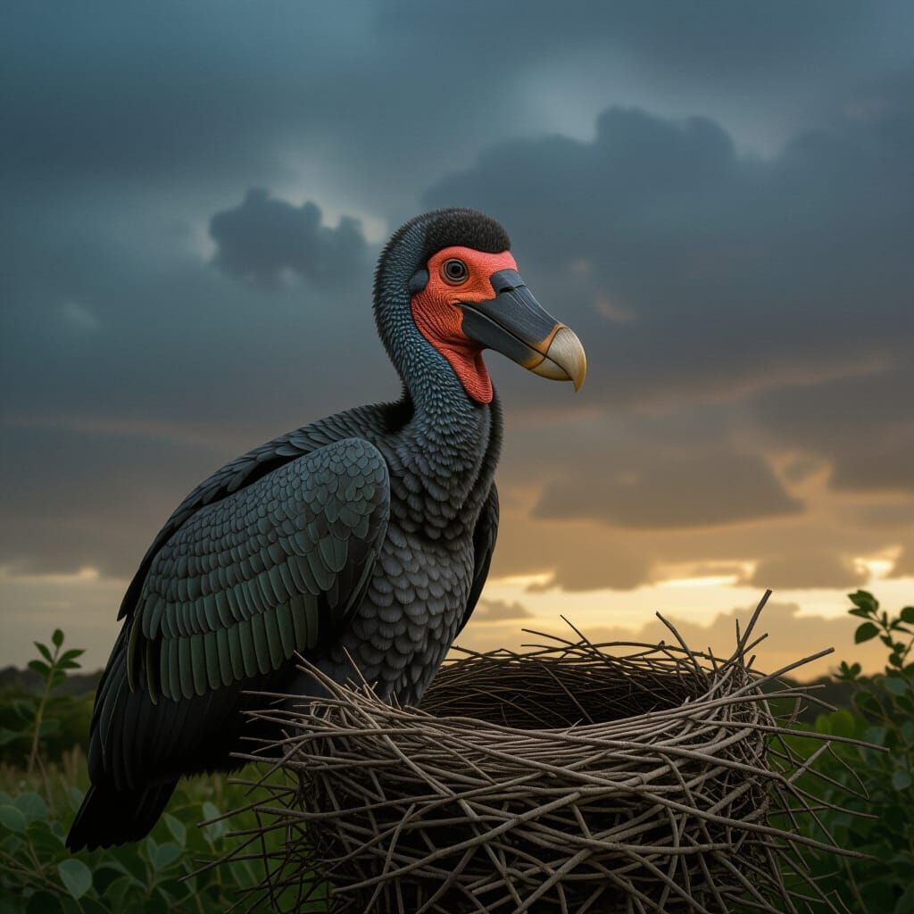 Dodo Bird and Empty Nest Under Dark Skies