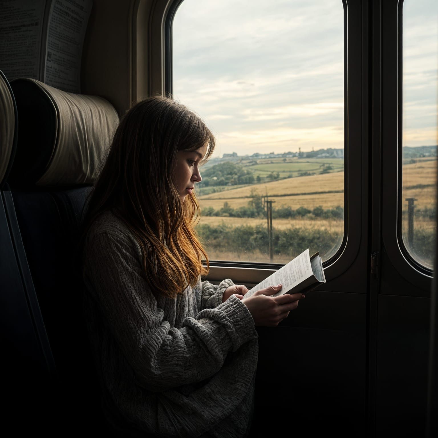 Girl Reads on Train in Detailed, Realistic Photo