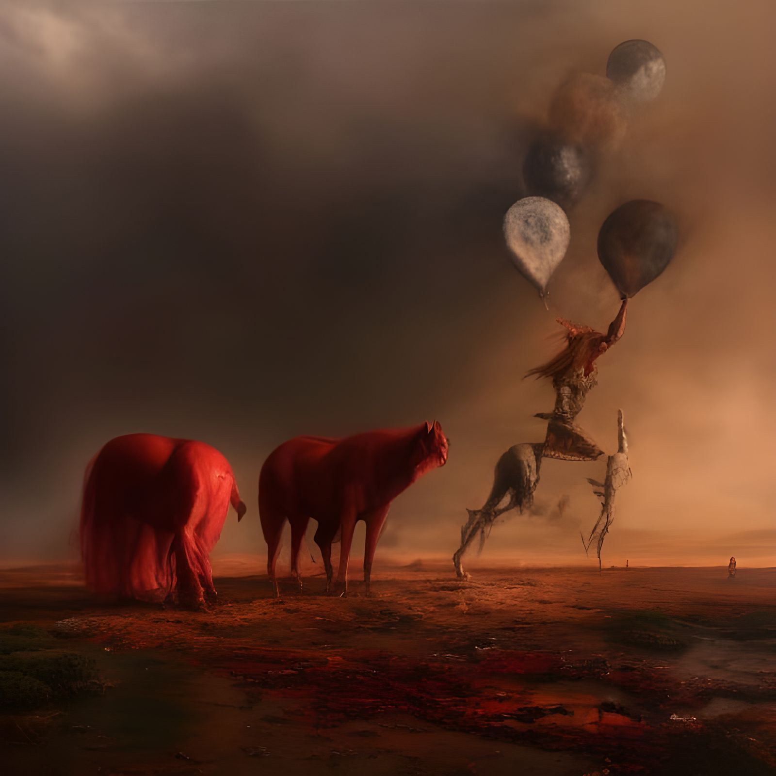 Surreal Cityscape with Bizarre Creatures in Dreamy Lighting