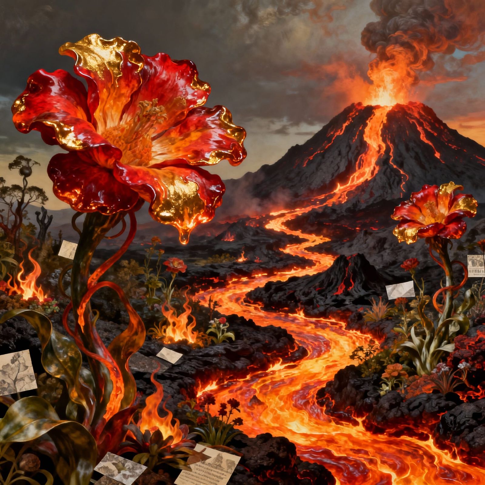 Surreal Volcanic Garden: Lava Rivers Bloom into Giant Flower...