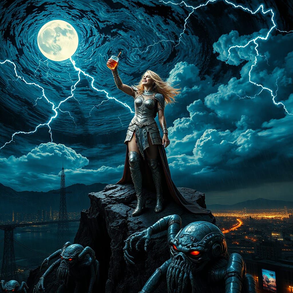 Cyberpunk Valkyrie in Stormy Landscape